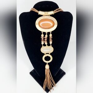 Layered Tiered 20" Medallion Beaded Tassle Adjustable Fastener Necklace